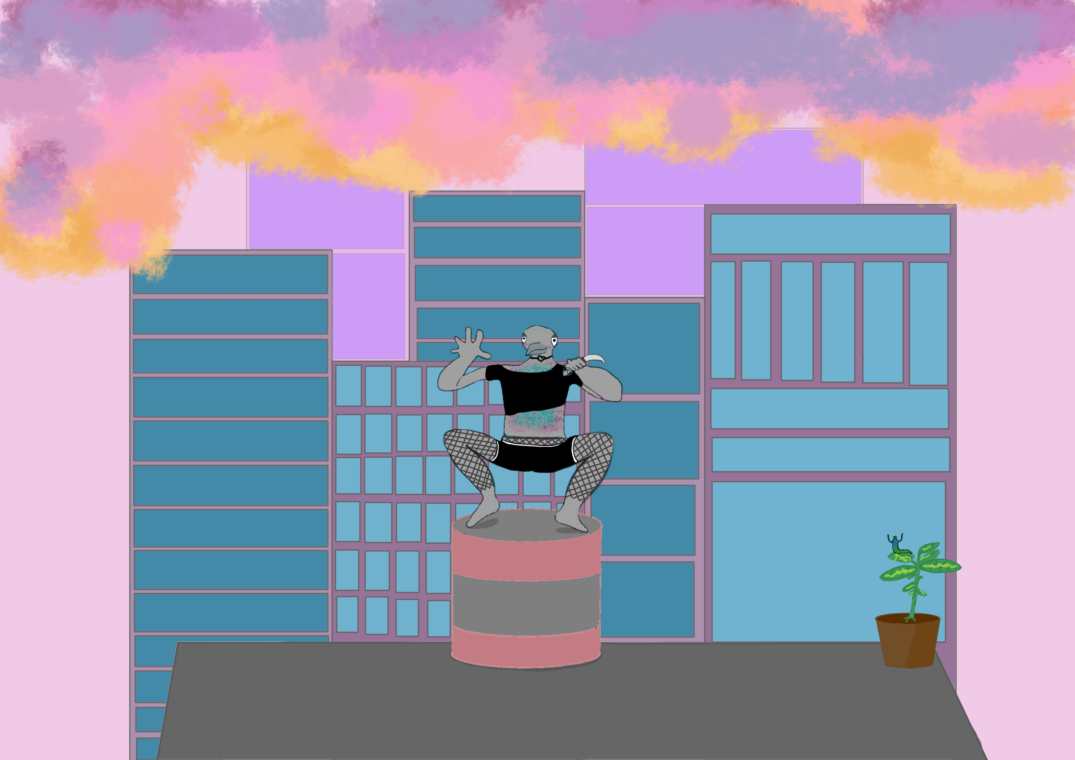 Pastel city with bird person
